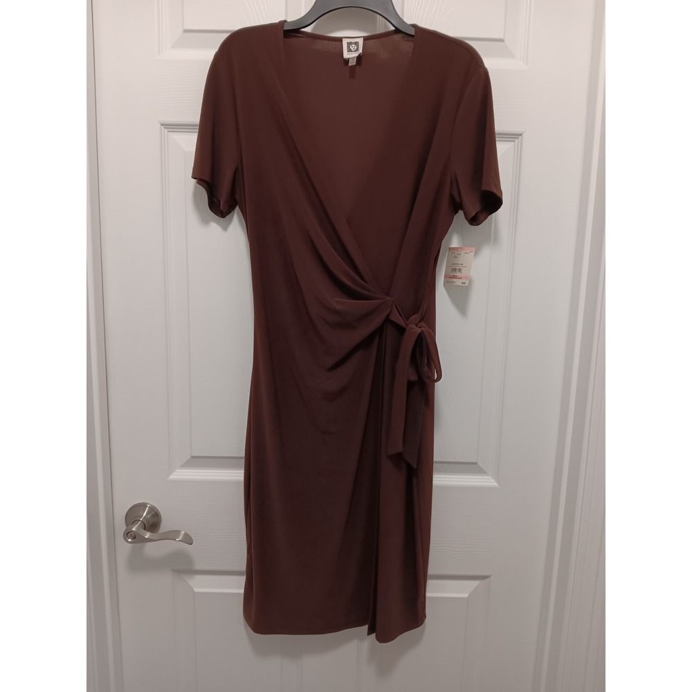 Anne Klein Chocolate Brown Faux Wrap Sheath Dress Size 10 Short Sleeve NWT